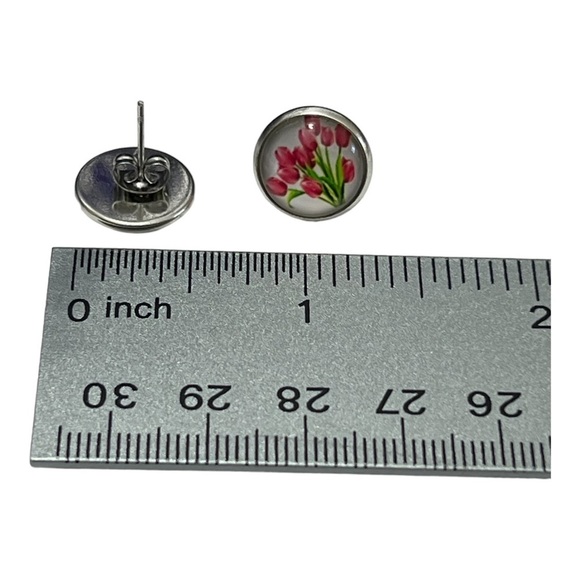 Red Tulip Earrings Inspired earrings Stud Cute Red Bouquet Flower Earring round - Picture 6 of 12